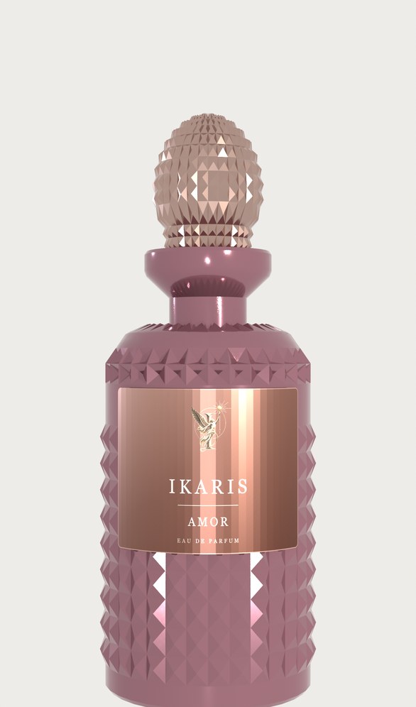 IKARIS Amor eau de parfum bottle in rose-pink glass surrounded by rose petals