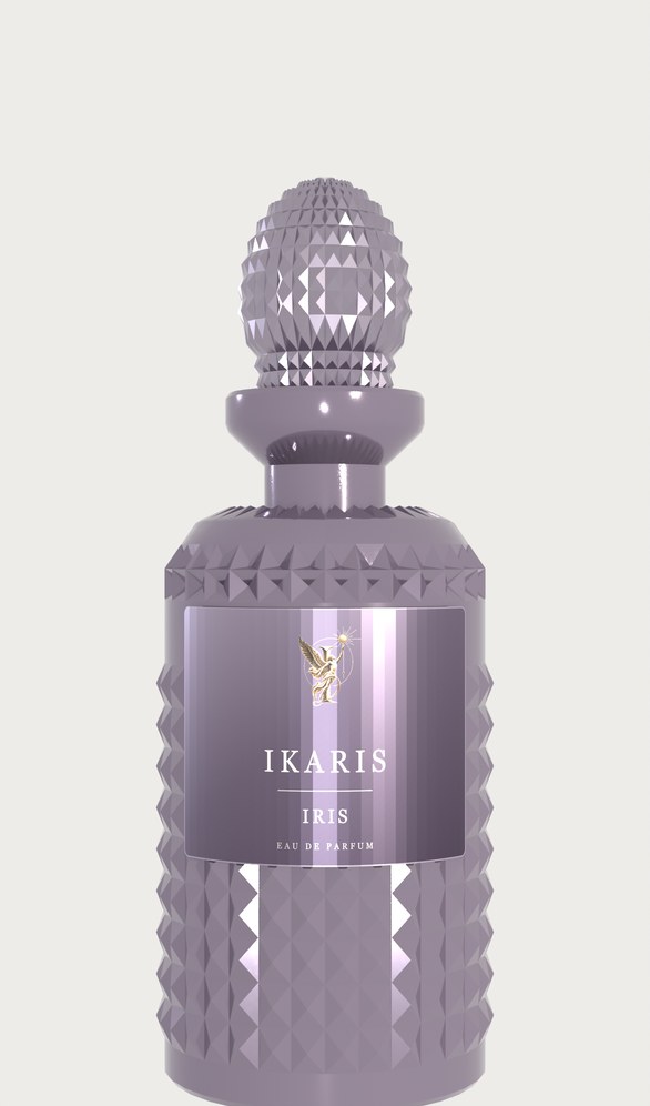 IKARIS Iris eau de parfum bottle in soft mauve glass surrounded by iris flowers