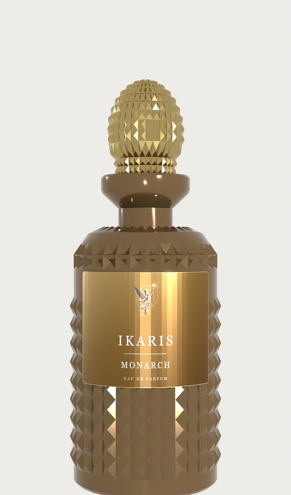 IKARIS Monarch eau de parfum bottle in deep amber glass with gold detailing