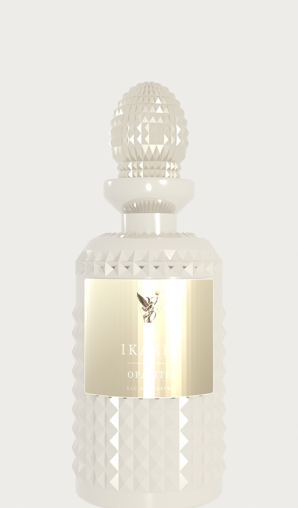 IKARIS Opalite eau de parfum bottle in pale iridescent glass on white marble